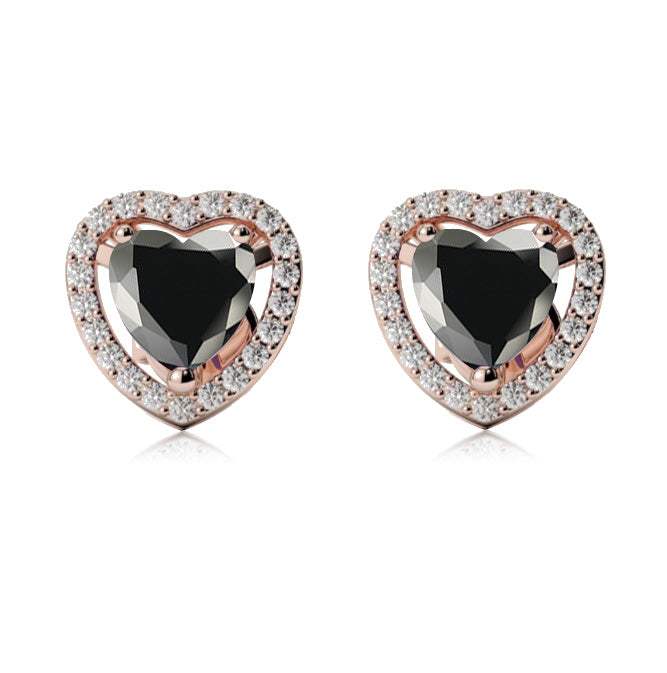 24k Rose Gold Plated 1 Ct Created Halo Heart Black Sapphire Stud Earrings