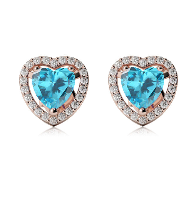 24k Rose Gold Plated 2 Ct Created Halo Heart Blue Topaz Stud Earrings
