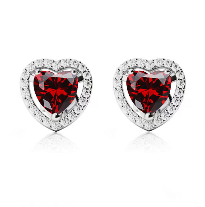 18k White Gold Plated 2 Ct Created Halo Heart Garnet Stud Earrings