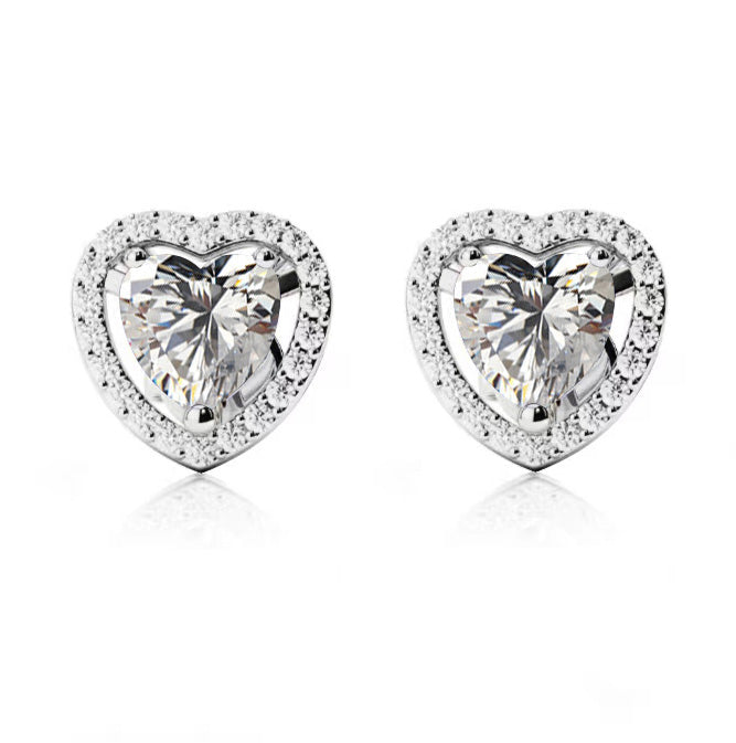 14k White Gold Plated 1/2 Ct Created Halo Heart White Sapphire Stud Earrings