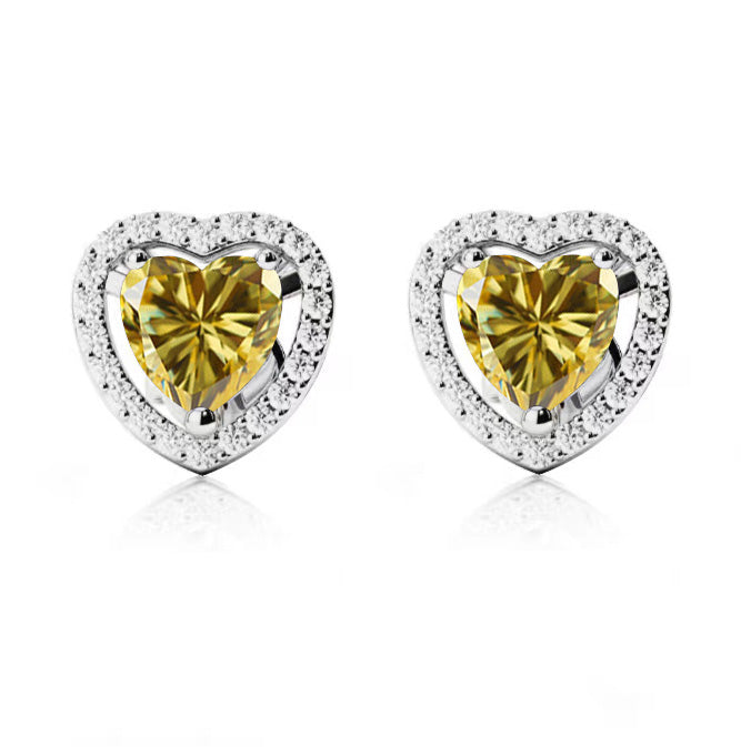 14k White Gold Plated 2 Ct Created Halo Heart Yellow Sapphire Stud Earrings