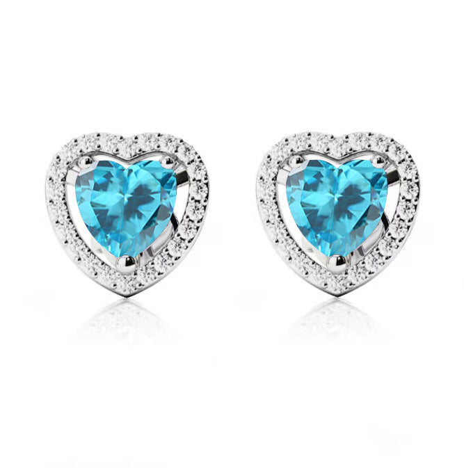 14k White Gold Plated 2 Ct Created Halo Heart Blue Topaz Stud Earrings
