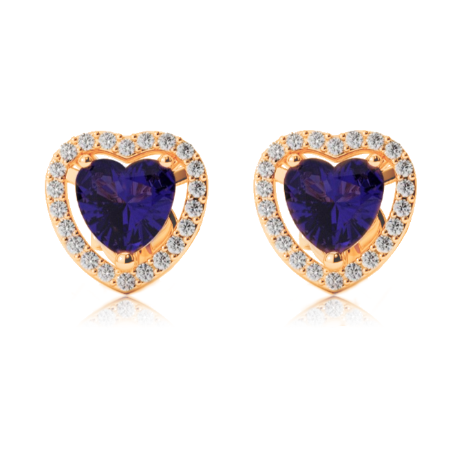 14k Yellow Gold Plated 1/2 Ct Created Halo Heart Blue Sapphire Stud Earrings
