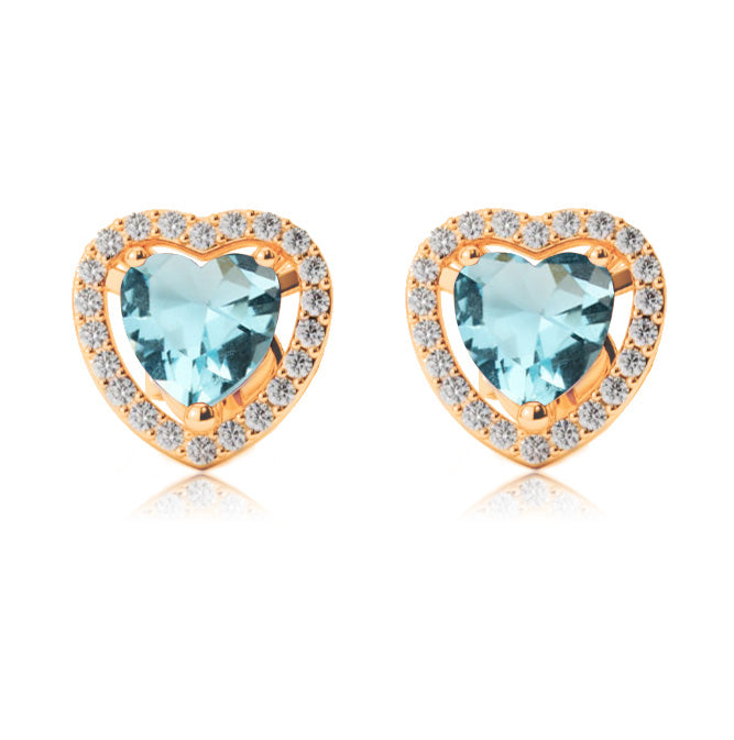14k Yellow Gold Plated 2 Ct Created Halo Heart Aquamarine Stud Earrings