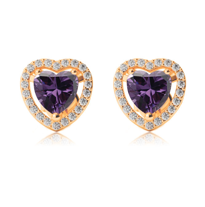18k Yellow Gold Plated 1 Ct Created Halo Heart Amethyst Stud Earrings