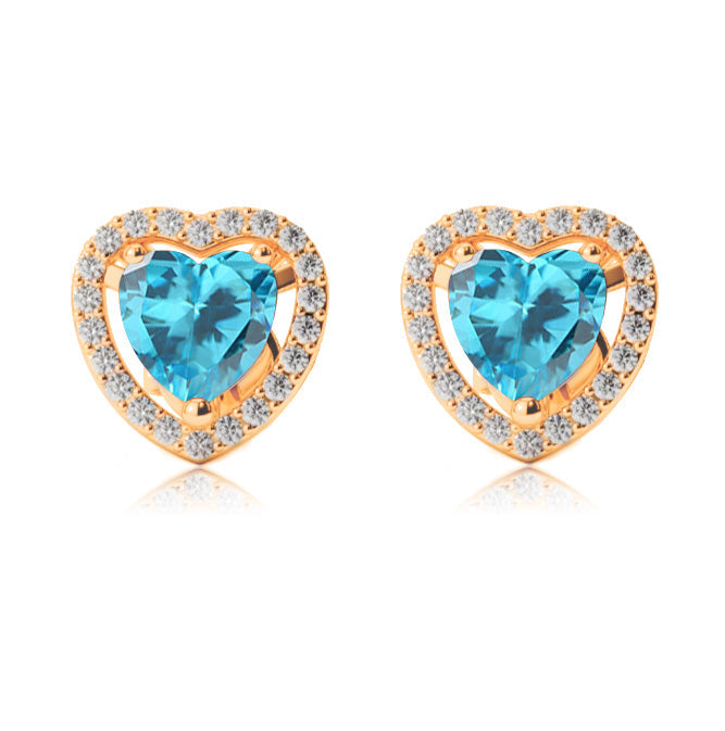 24k Yellow Gold Plated 1/2 Ct Created Halo Heart Blue Topaz Stud Earrings