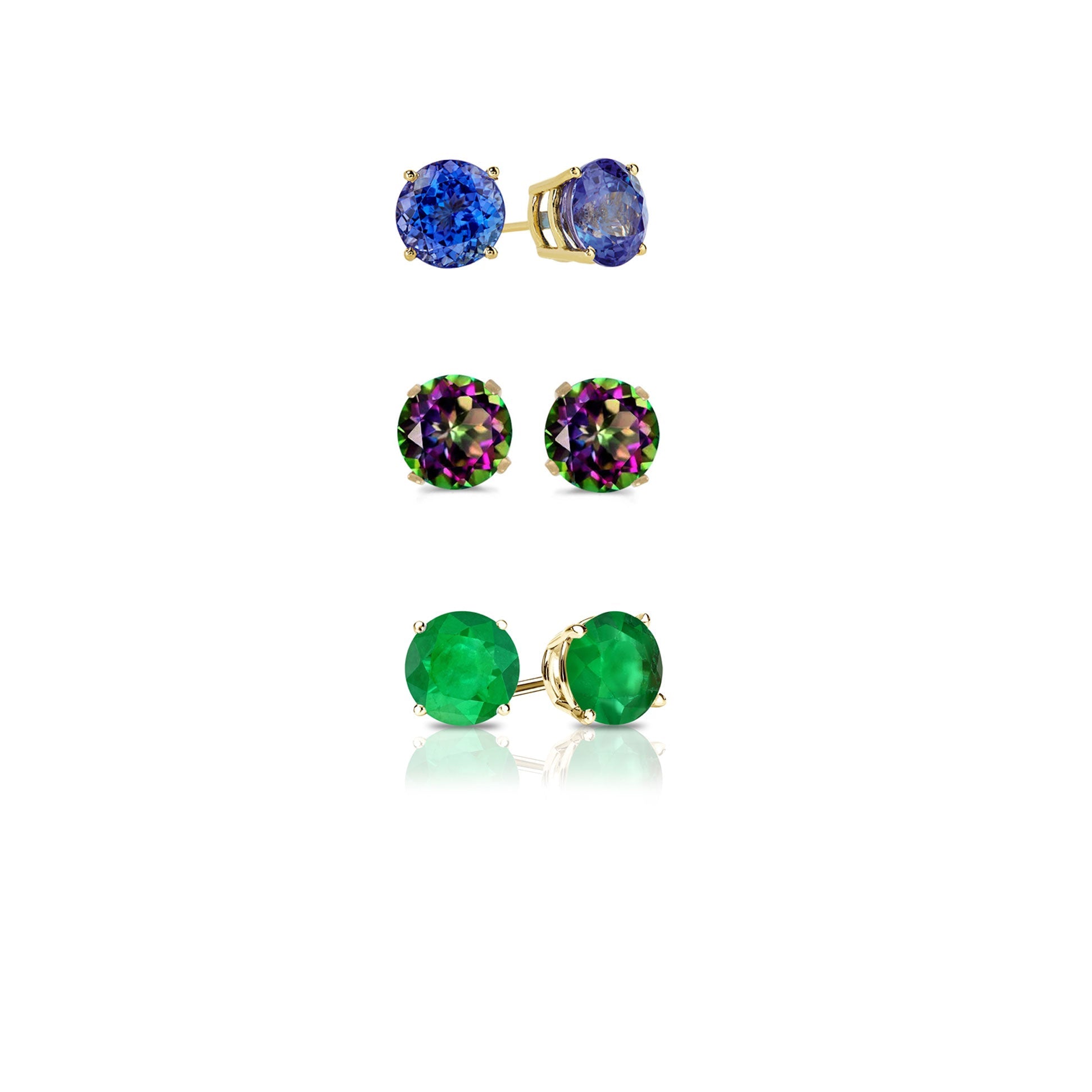 14k Yellow Gold Plated 2Ct Created Tanzanite, Mystic Topaz and Emerald 3 Pair Round Stud Earrings