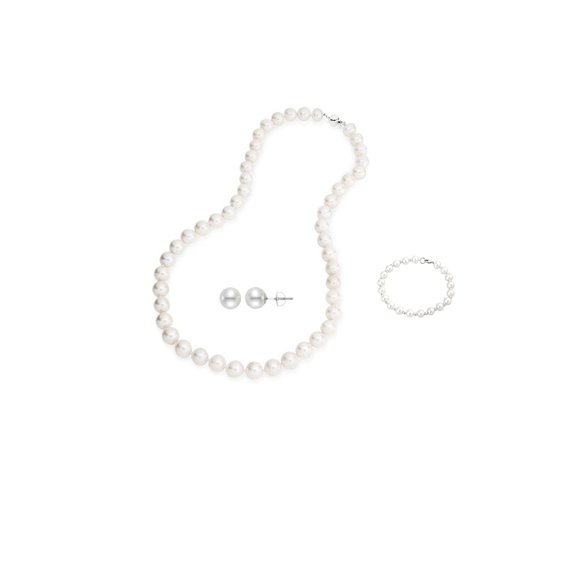 24K White Gold 2 ct Pearl Round 18 Inch Necklace, Bracelet and Earrings Set Plated