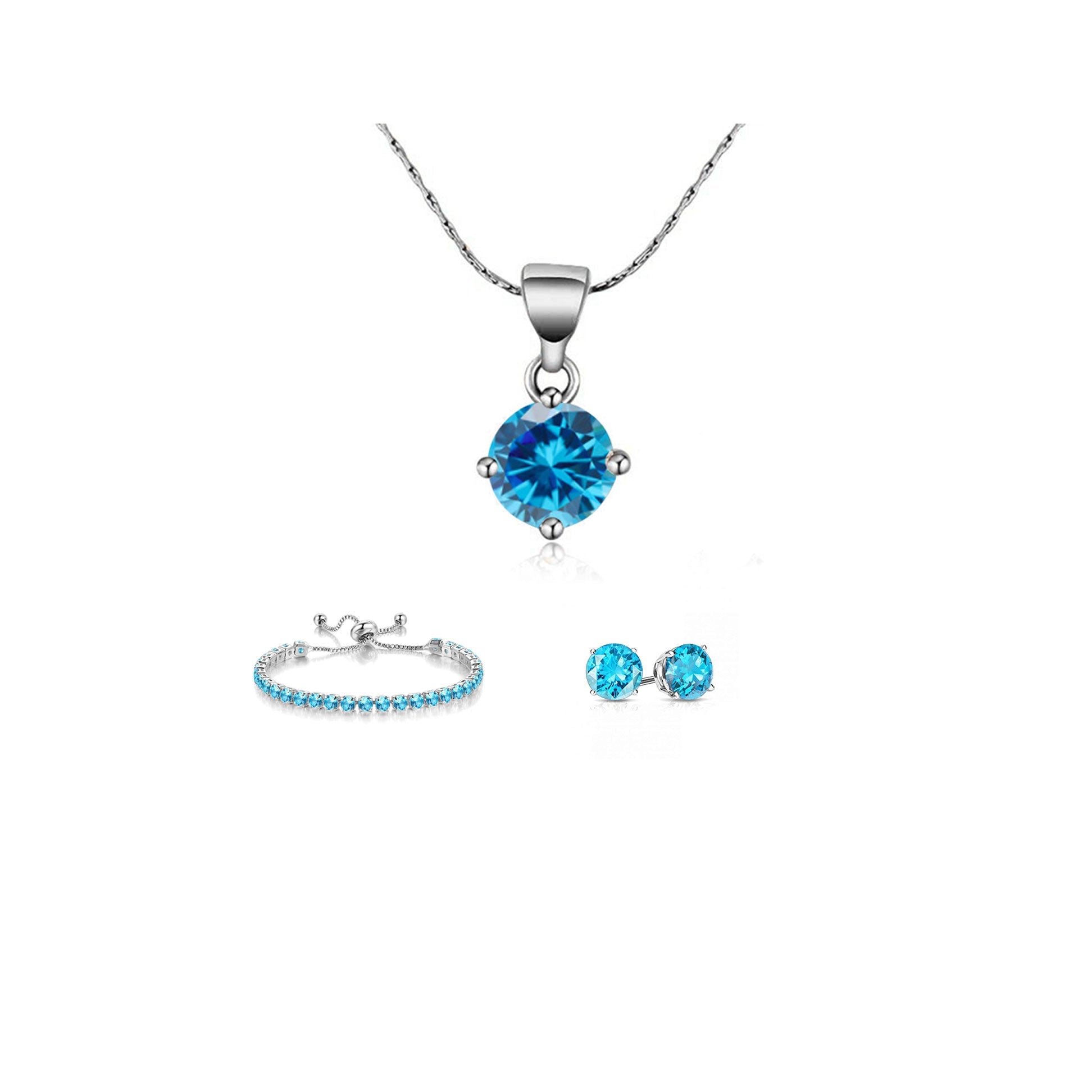 10k White Gold 7 Ct Round Created Blue Topaz Set of Necklace, Earrings and Bracelet Plated