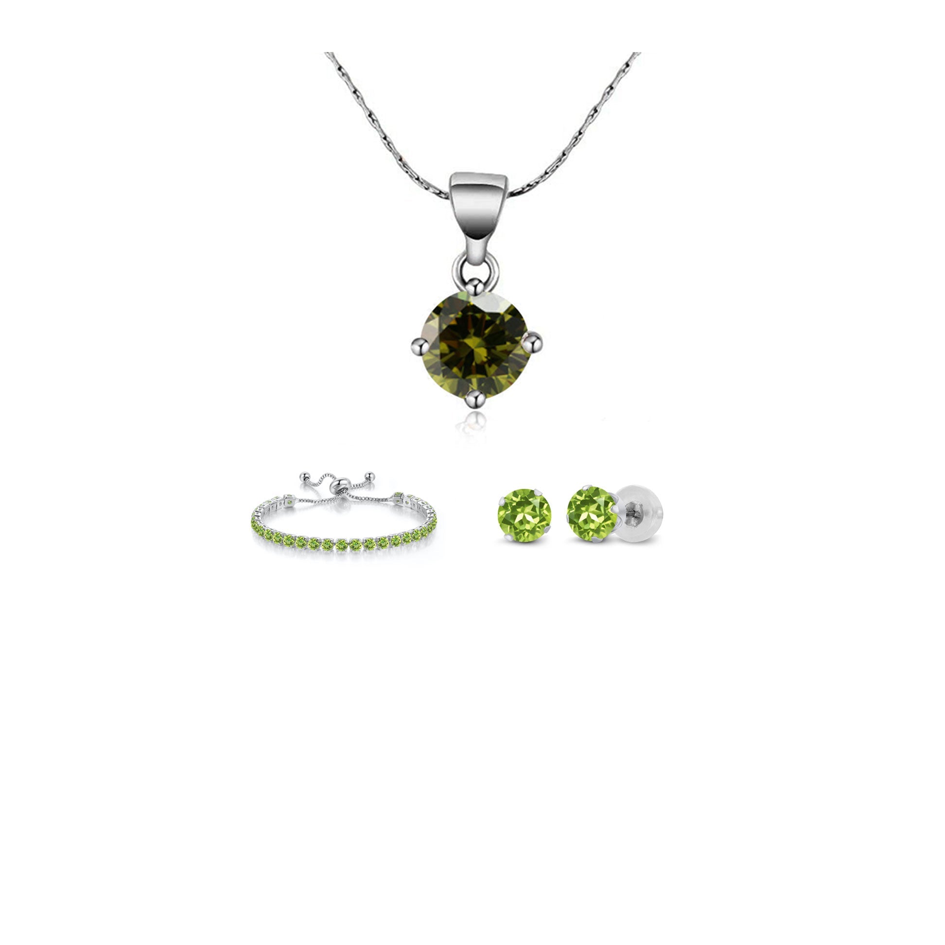 10k White Gold 7 Ct Round Created Peridot Set of Necklace, Earrings and Bracelet Plated