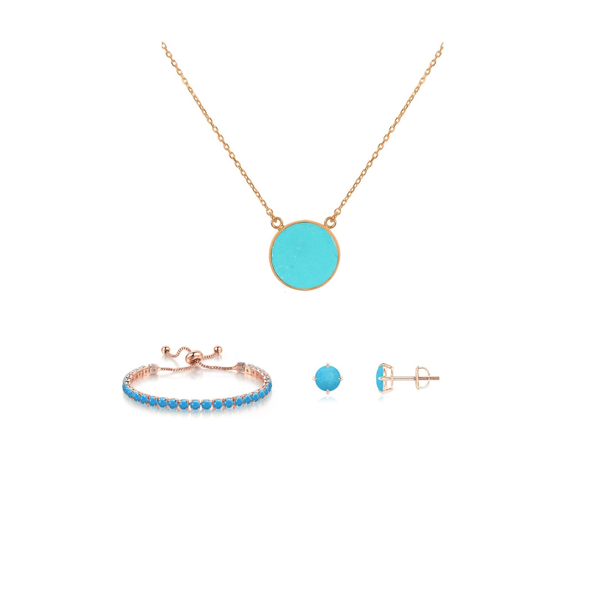 10k Rose Gold 6 Ct Round Created Turquoise Set of Necklace, Earrings and Bracelet Plated