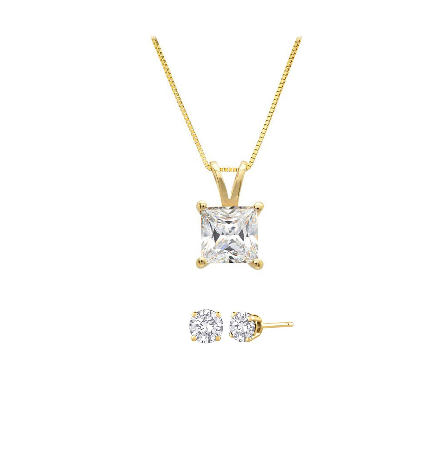 18K Yellow Gold 3ct White Sapphire Princess Cut 18 Inch Necklace and Round Earrings Set Plated