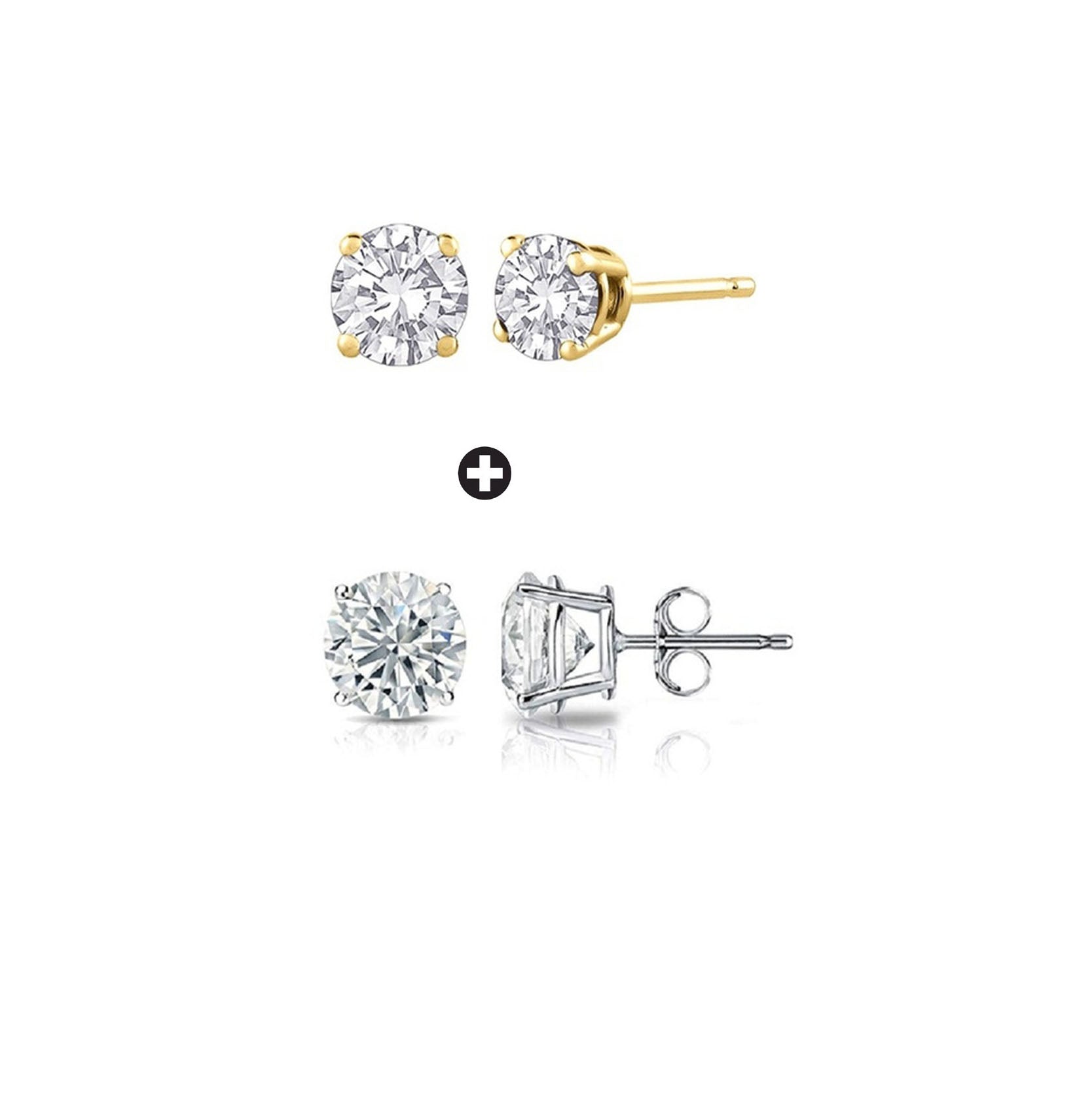 18k Yellow and White Gold Plated 1 Ct Created Round White Sapphire Stud Earrings