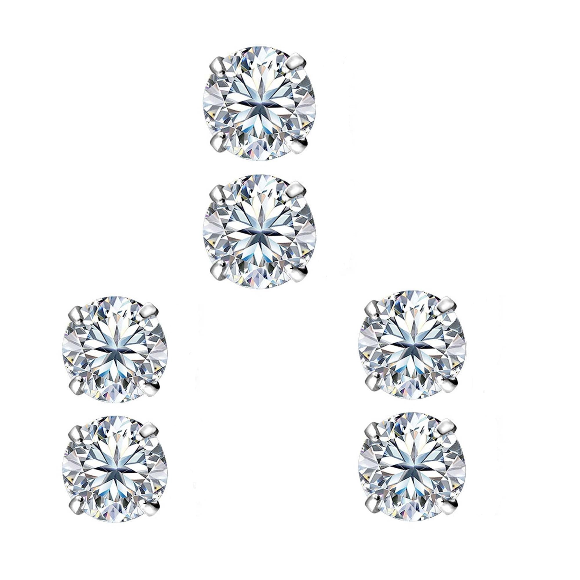 14k White Gold Plated 1Ct Round White Sapphire Set Of Three Stud Earrings
