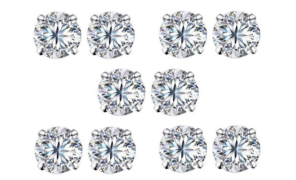 18k White Gold Plated 6mm 4Ct Round White Sapphire Set Of Five Stud Earrings