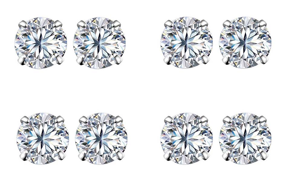 18k White Gold Plated 4mm 4Ct Round White Sapphire Set Of Four Stud Earrings