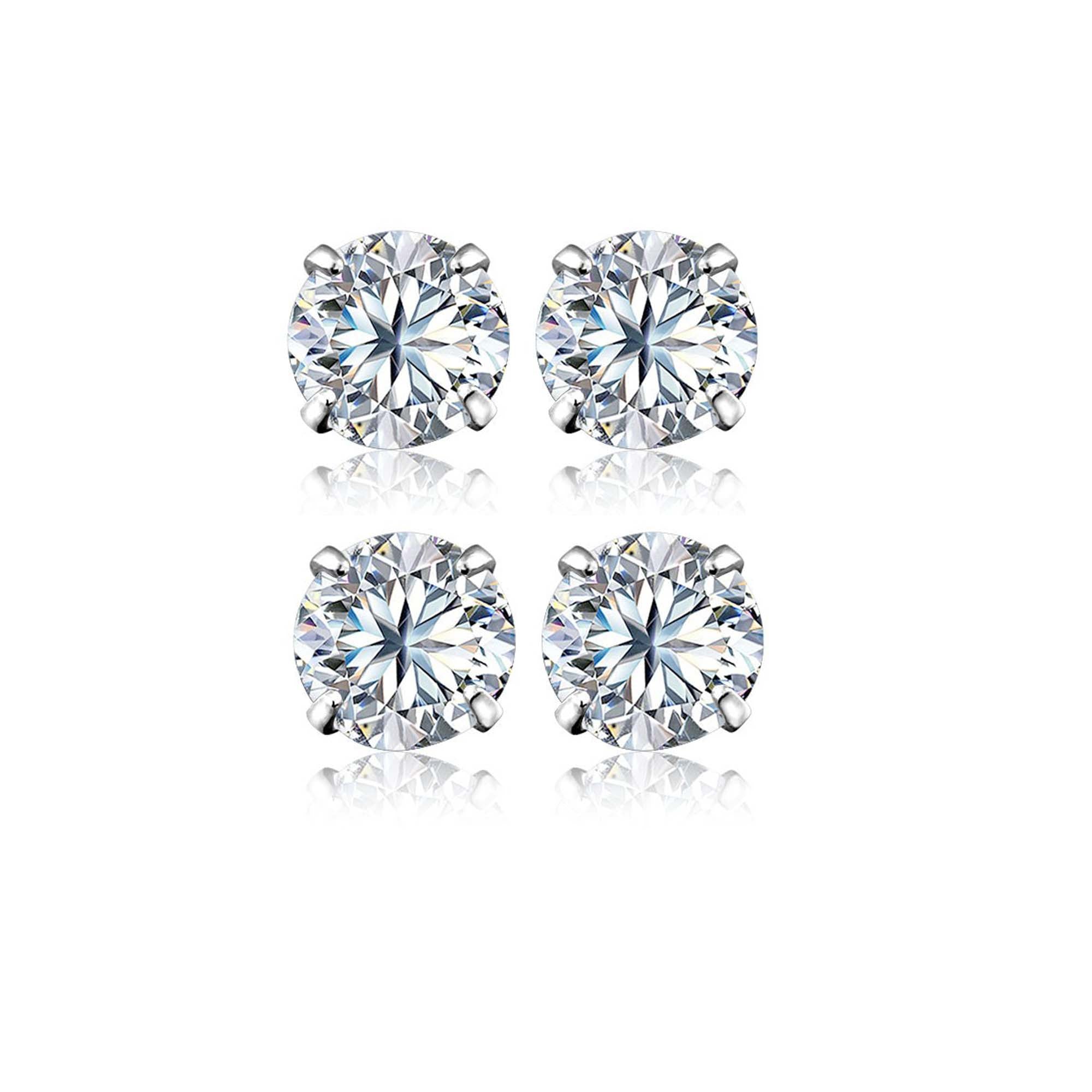 18k White Gold Plated 4Ct Round White Sapphire Set Of Two Stud Earrings