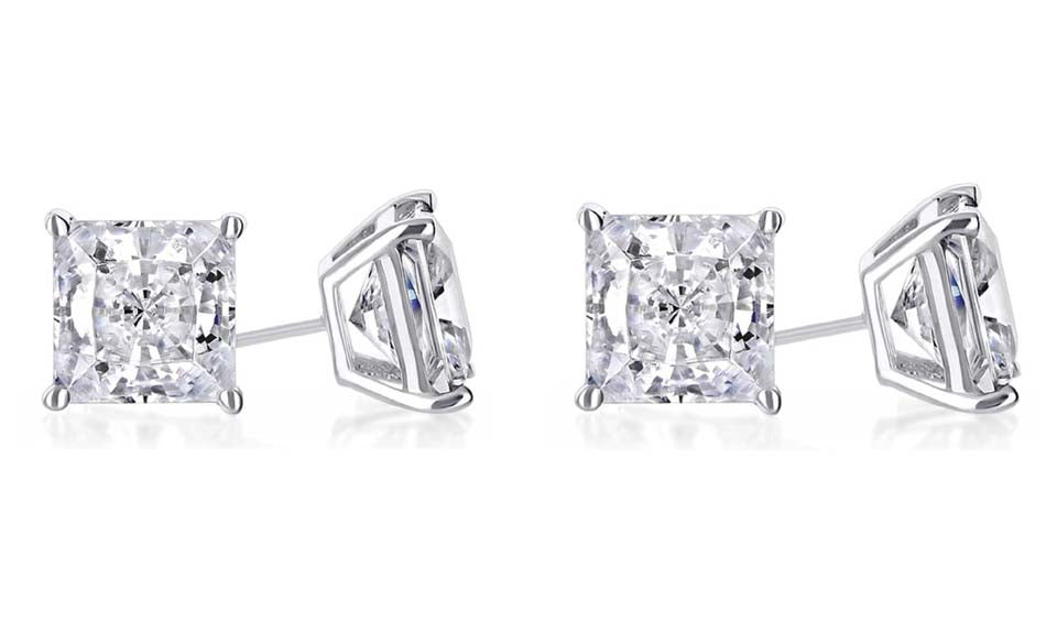 18k White Gold Plated 2Ct Princess Cut White Sapphire Set Of Two Stud Earrings