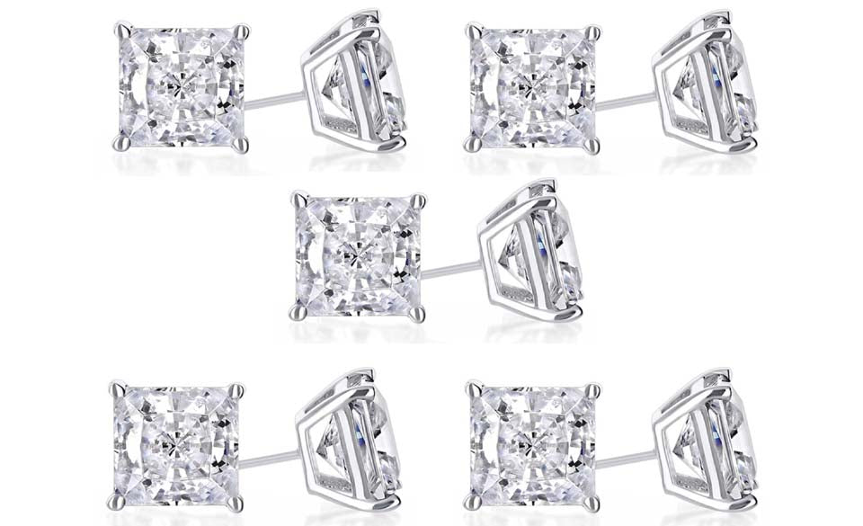 14k White Gold Plated 1Ct Princess Cut White Sapphire Set Of Five Stud Earrings