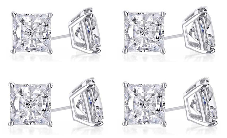 14k White Gold Plated 6mm 4Ct Princess Cut White Sapphire Set Of Four Stud Earrings