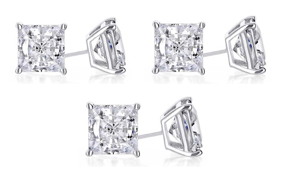 14k White Gold Plated 6mm 1Ct Princess Cut White Sapphire Set Of Three Stud Earrings