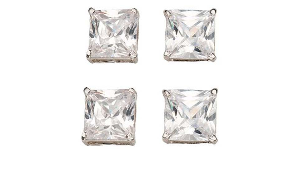 14k White Gold Plated 1Ct Square Cut White Sapphire Set Of Two Stud Earrings
