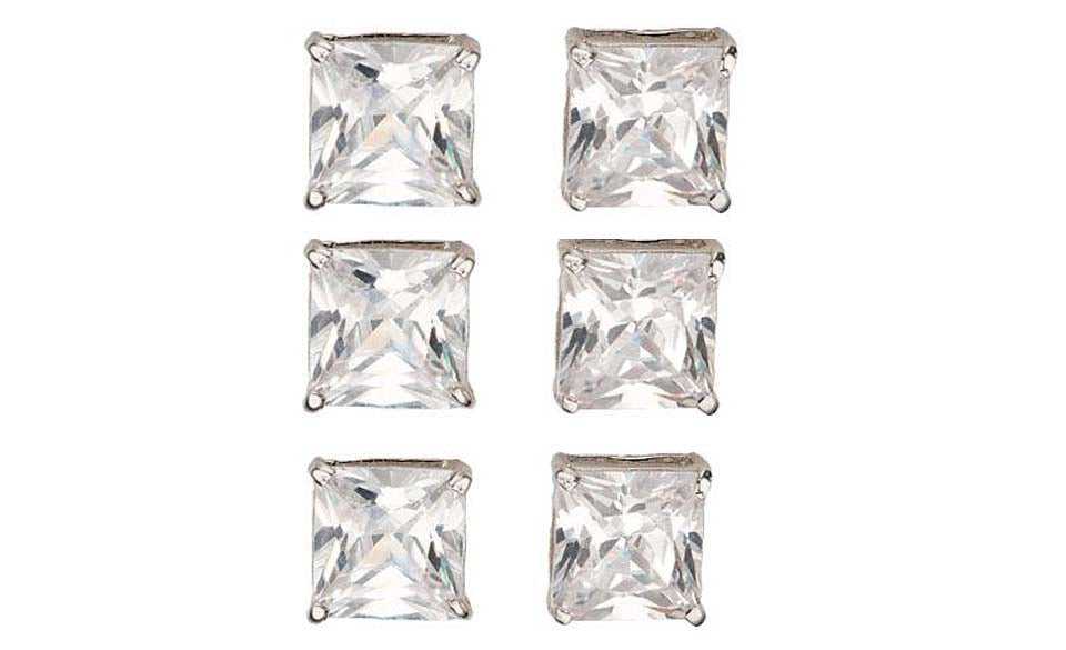 14k White Gold Plated 4mm 1/2Ct Square Cut White Sapphire Set Of Three Stud Earrings
