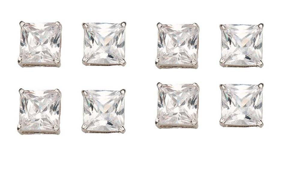 14k White Gold Plated 4Ct Square Cut White Sapphire Set Of Four Stud Earrings