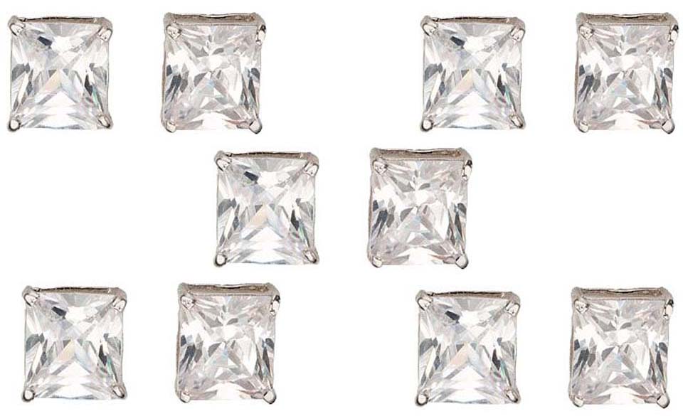 14k White Gold Plated 1Ct Square Cut White Sapphire Set Of Five Stud Earrings