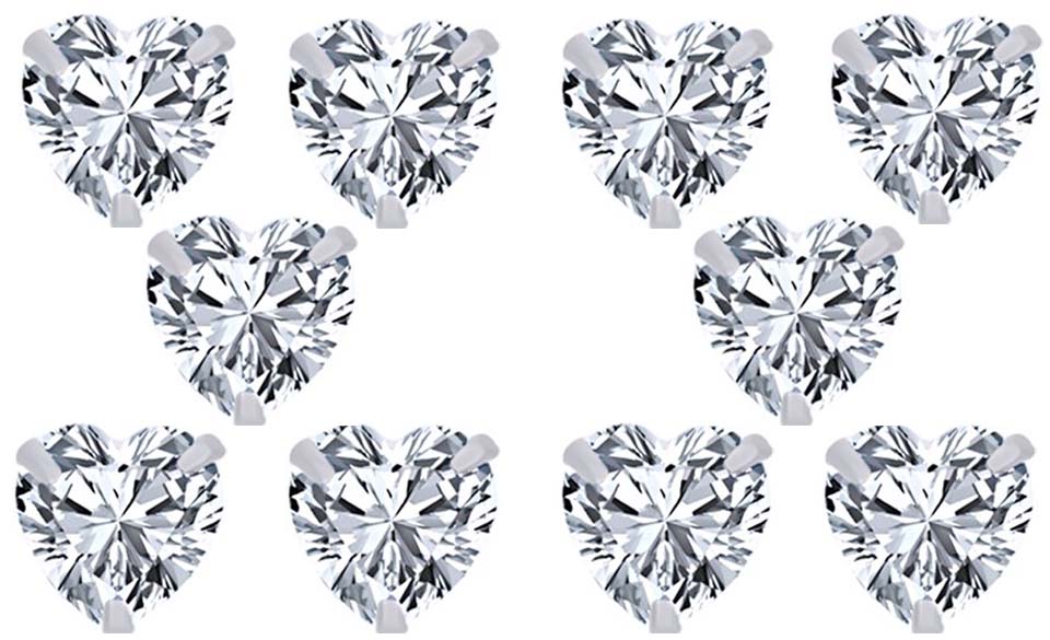 18k White Gold Plated 4Ct Heart White Sapphire Set Of Five Stud Earrings
