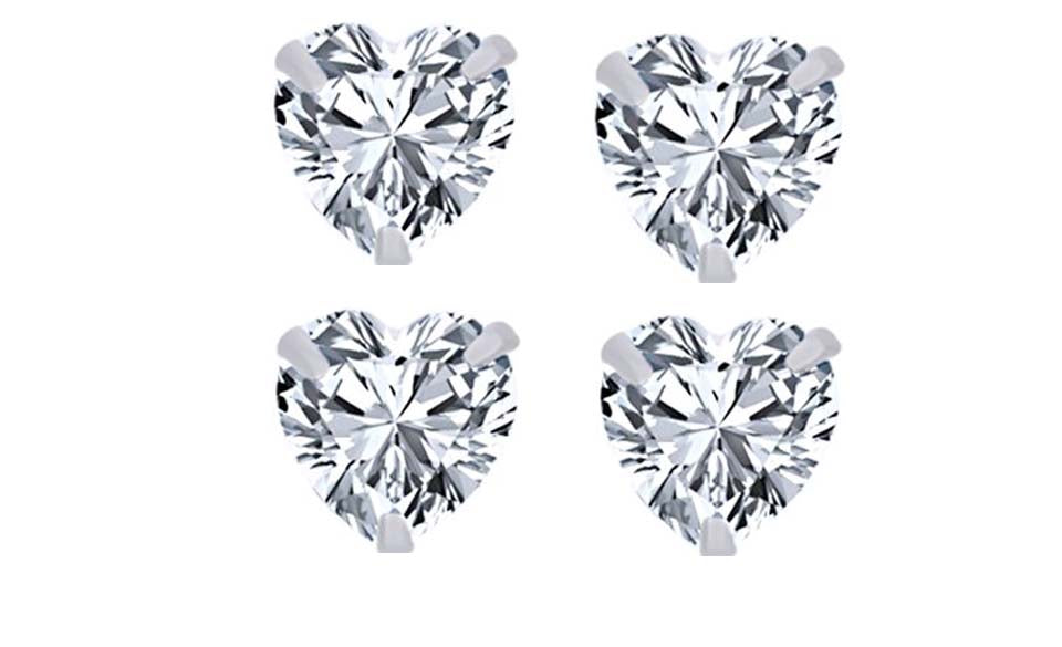 14k White Gold Plated 2Ct Heart White Sapphire Set Of Two Stud Earrings