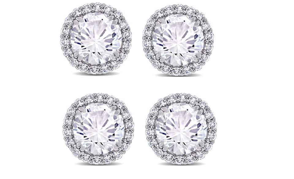 18k White Gold Plated 1/2Ct Round White Sapphire Set of Two Halo Stud Earrings