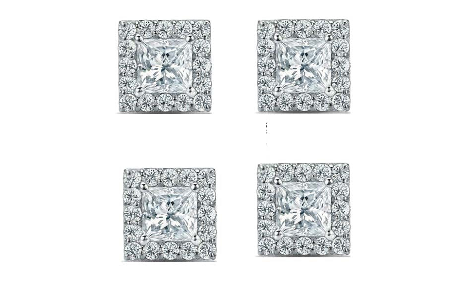 14k White Gold Plated 2Ct Princess Cut White Sapphire Set of Two Halo Stud Earrings