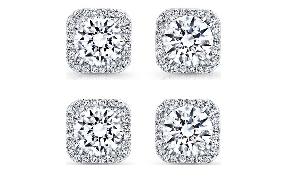 18k White Gold Plated 2Ct Square Cut White Sapphire Set of Two Halo Stud Earrings