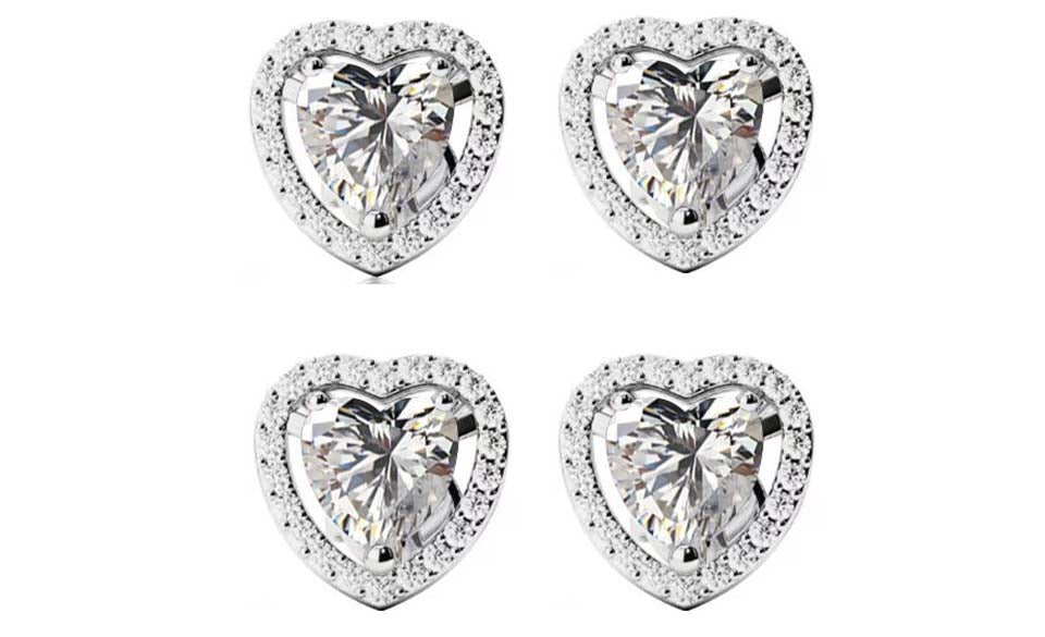 18k White Gold Plated 1/2Ct Heart White Sapphire Set of Two Halo Stud Earrings