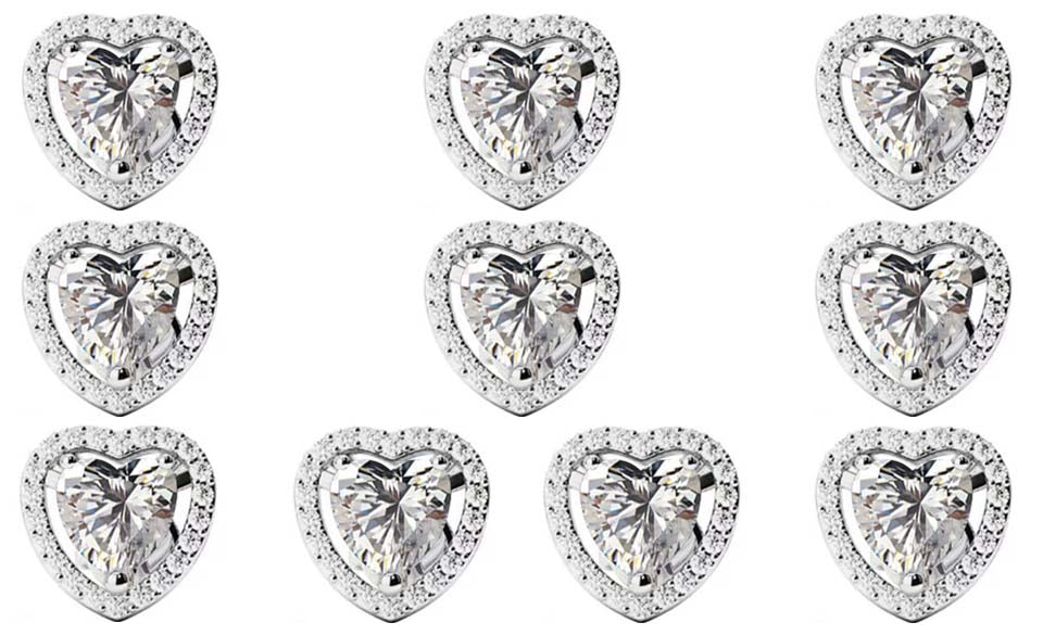 14k White Gold Plated 6mm 4Ct Heart White Sapphire Set of Five Halo Stud Earrings