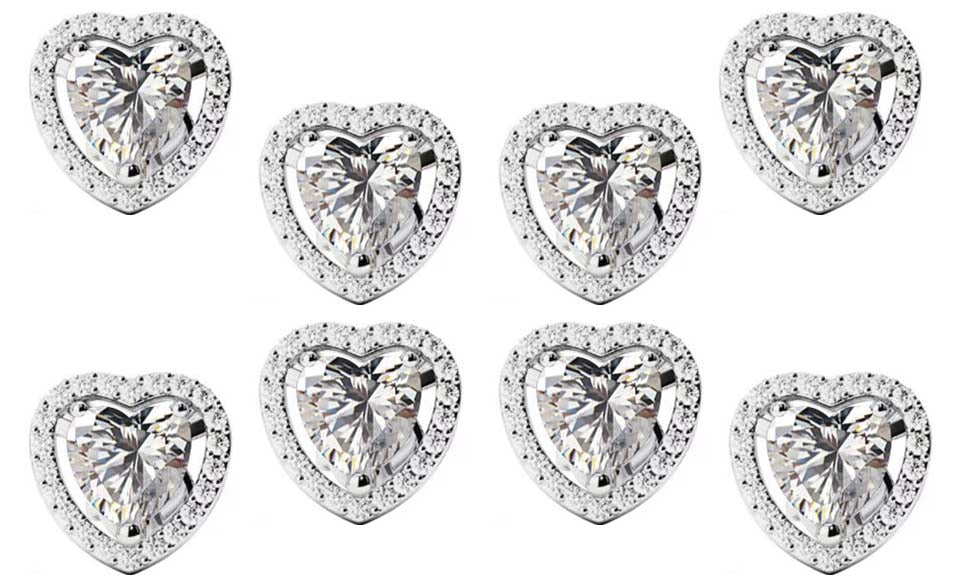 18k White Gold Plated 6mm 3Ct Heart White Sapphire Set of Four Halo Stud Earrings