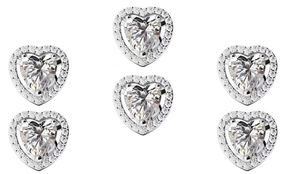 18k White Gold Plated 6mm 1/2Ct Heart White Sapphire Set of Three Halo Stud Earrings