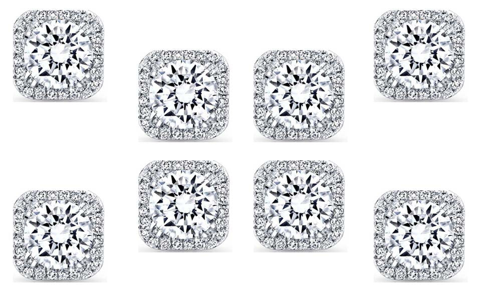 18k White Gold Plated 6mm 1Ct Square Cut White Sapphire Set of Four Halo Stud Earrings