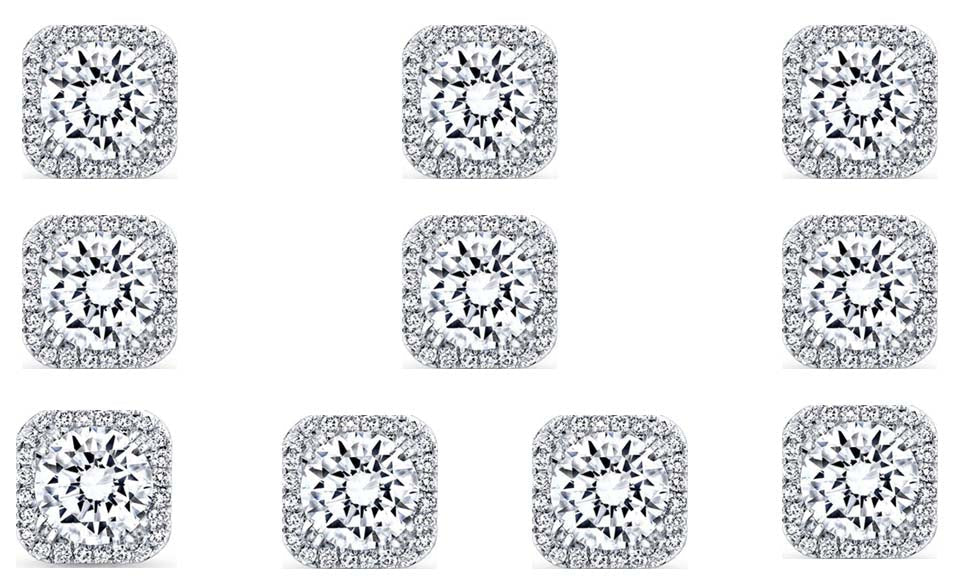 14k White Gold Plated 6mm 1Ct Square Cut White Sapphire Set of Five Halo Stud Earrings