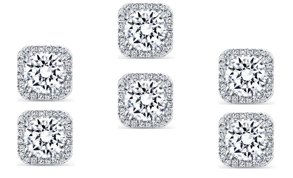 14k White Gold Plated 6mm 2Ct Square Cut White Sapphire Set of Three Halo Stud Earrings