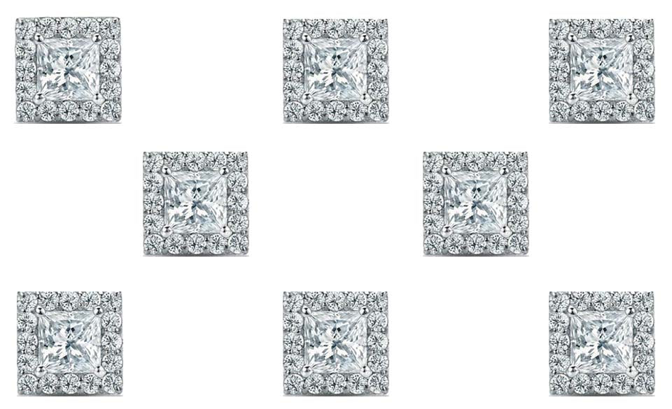 14k White Gold Plated 4mm 1/2Ct Princess Cut White Sapphire Set of Four Halo Stud Earrings