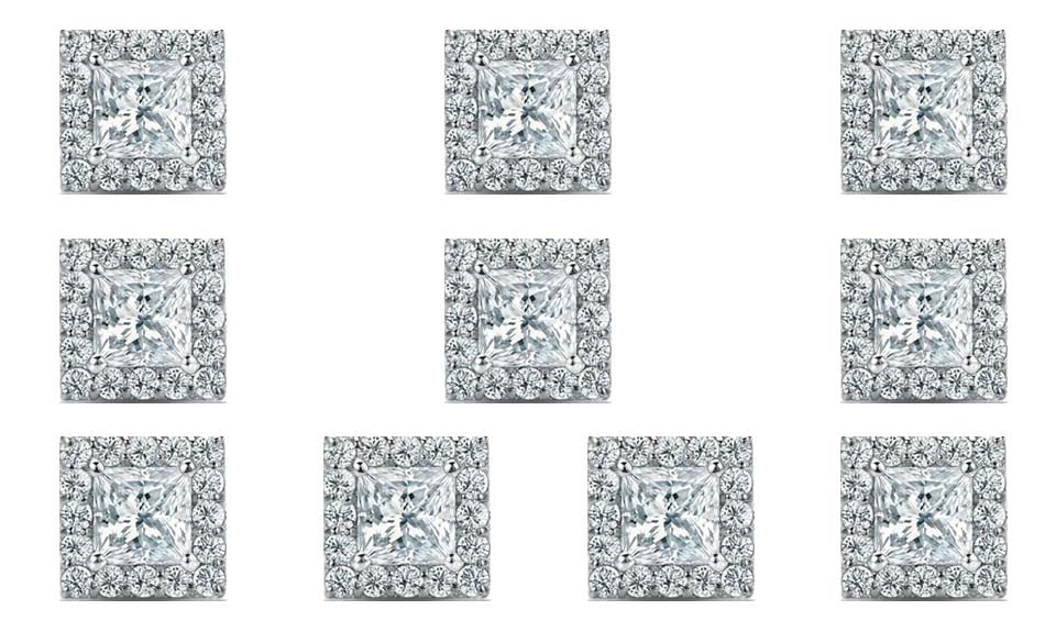 14k White Gold Plated 4mm 1/2Ct Princess Cut White Sapphire Set of Five Halo Stud Earrings