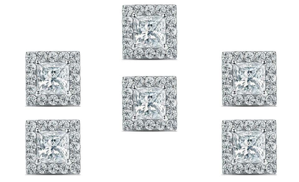 18k White Gold Plated 4mm 3Ct Princess Cut White Sapphire Set of Three Halo Stud Earrings