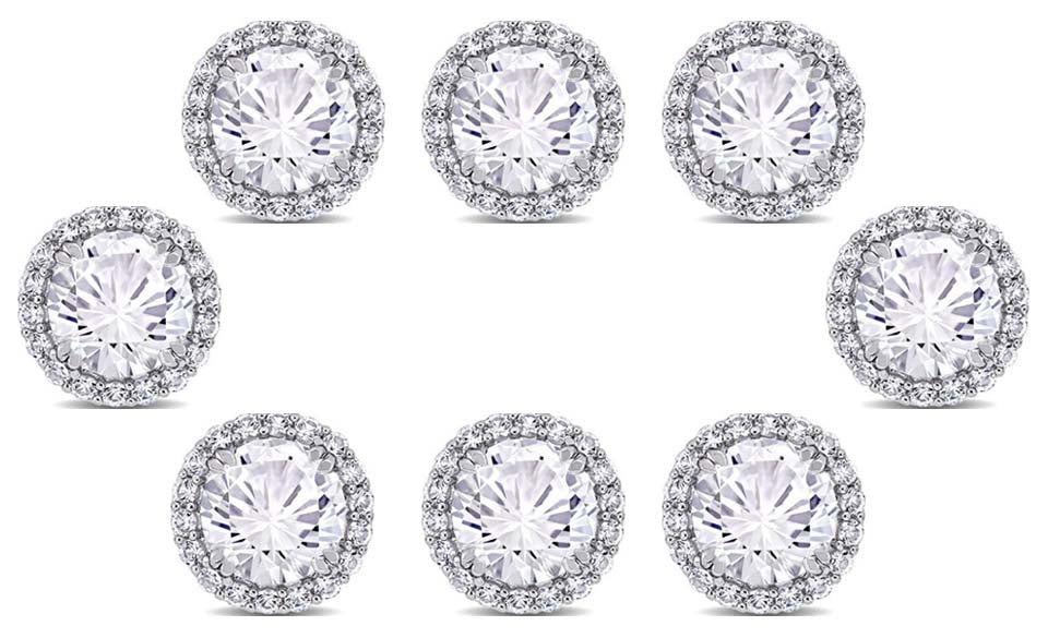 18k White Gold Plated 6mm 4Ct Round White Sapphire Set of Four Halo Stud Earrings