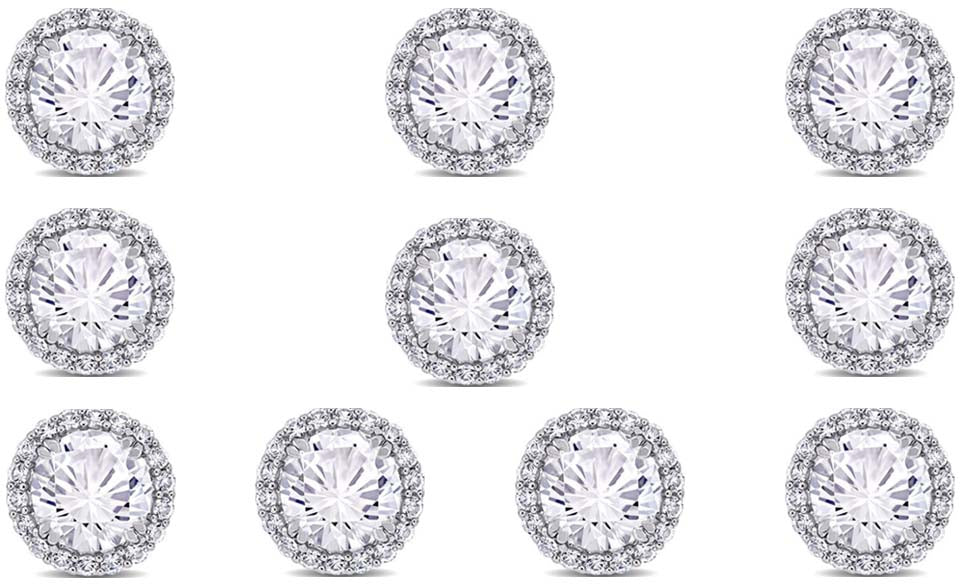 14k White Gold Plated 6mm 3Ct Round White Sapphire Set Of Five Halo Stud Earrings
