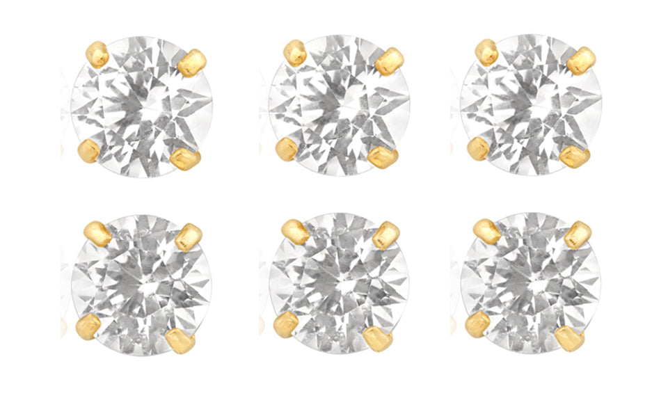 14k Yellow Gold Plated 4mm 1/2Ct Round White Sapphire Set Of Three Stud Earrings