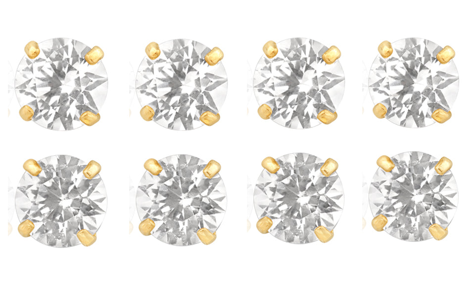 14k Yellow Gold Plated 6mm 2Ct Round White Sapphire Set Of Four Stud Earrings