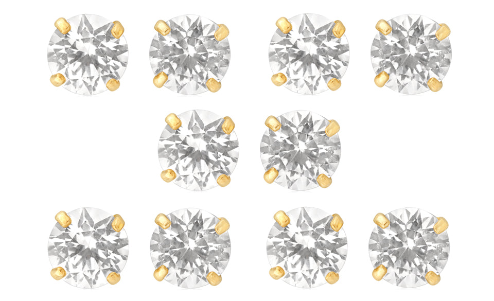 14k Yellow Gold Plated 6mm 3Ct Round White Sapphire Set Of Five Stud Earrings