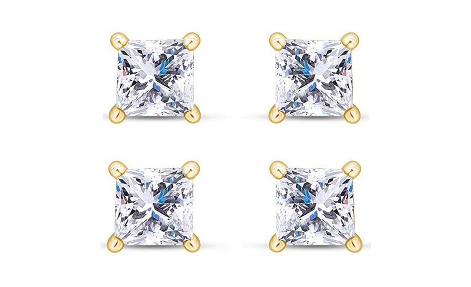 18k Yellow Gold Plated 6mm 3Ct Princess Cut White Sapphire Set Of Two Stud Earrings